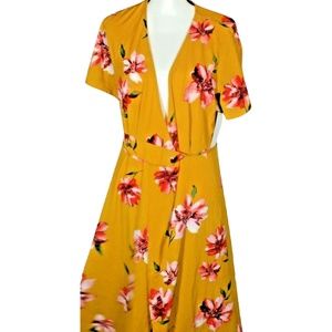 🖤Magnolia Skye Floral Wrap Around Dress Size XL Belt Tie Flutter Yellow Red NWT